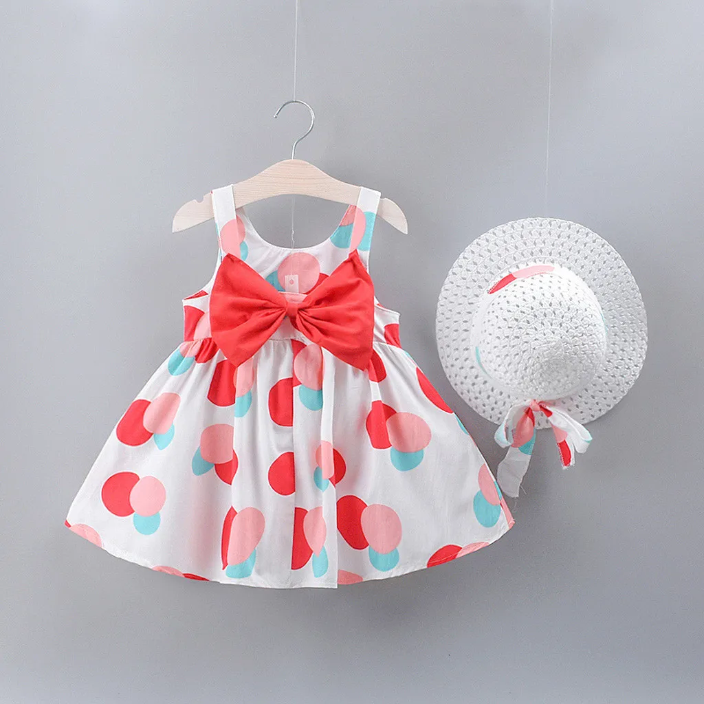 

Dot Princess Dresses Bow Hat Outfits For Girls Dress Baby Girl Clothes Summer Party Clothing+Hat Outfits Set Clothes MM527