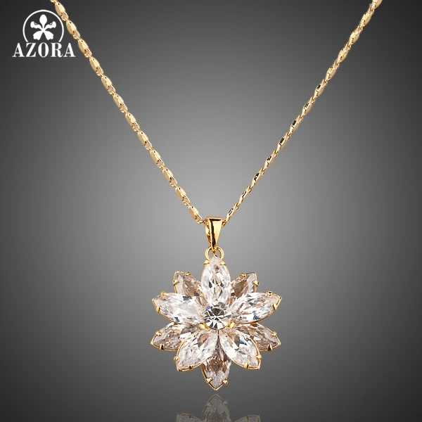 AZORA Sunflow Design Gold Color Gold Stellux Austrian Crystals Paved Pendant Necklace TN0003