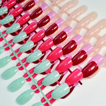 

6 sets Candy Color Coffin Nails Art Tips False Nail Nude Purple Green Pink Stiletto Flat Shape Full Cover Fake Nail Fuax Ongles