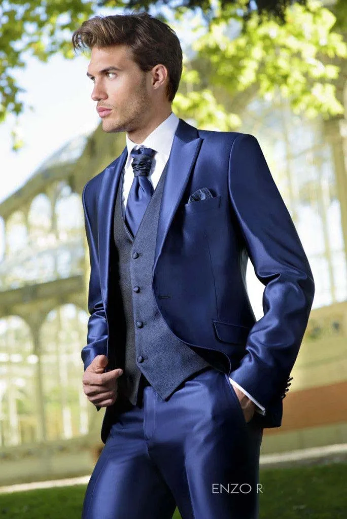 

Custom Made bright Blue Mens Suit 3 Piece 2017 New Arrivals Party tuxedos Men Wedding Suits Vests Pants Slim Fit Bussiness Blaze