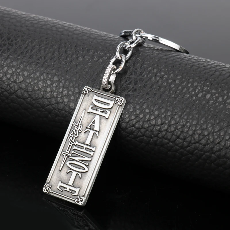 

MQCHUN Hot Movie Jewelry Death Note Logo Tag Key Chain silver Color Key Holder Pendant Cosplay Keychain Gift For Mens Gift