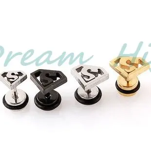

Vacuum Plating Superman Earring 316L stainless steel Cool Earring Men's Earring Barbell Fake Ear Expander 1.2mm free shipping