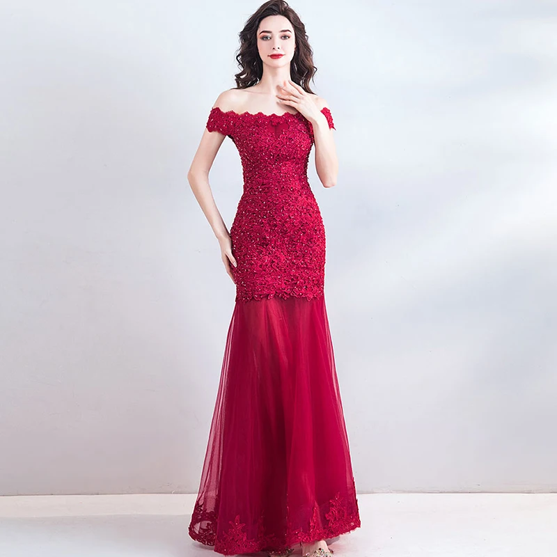 AXJFU Весна Красный цветок Труба вечернее платье Корейский Красный Кружева Русалка отделка бисером вечернее платье Принцесса Кружева Вечернее платье 8260
