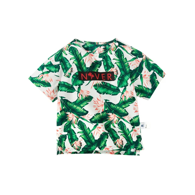 Mini Balabala Toddler Boy 100% Cotton Tropical Short-sleeved T-shirt Children Kid Ribbed Crewneck Tee Open Shoulder Slit at Side 5