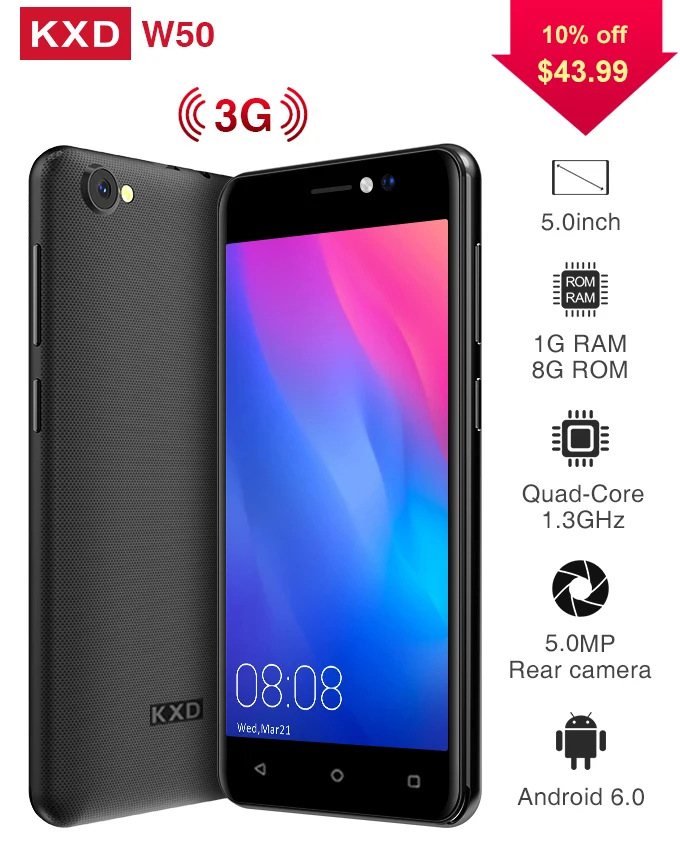 New KXD W50 3G Smartphone 5.0&quot MTK6580 1GB+8GB Quad Core Andriod6.0 5MP+5MP Dual Camera 2100mAh Battery Mobile Phone Cell | Мобильные