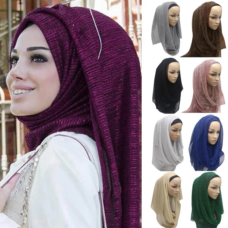 Elegant Shining Muslim Scarf Women Crinkle Hijab Wrinkled Head Shawl