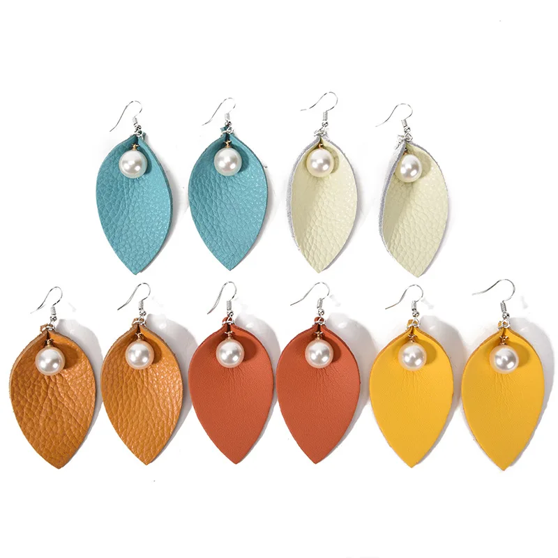 

Fashion Pearl Genuine Leather Leaf Teardrop Earrings Boho Various Colors Imitation Pearl Water Drop Dangle Earrings Wholesale