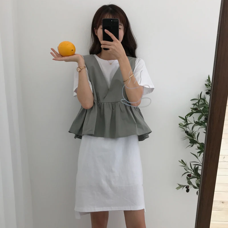 

Korean Fashion Tank Top and Dress Set Harajuku Kawaii Ruffles Loose Black 2 piece Set Women Vintage Chic White Summer Set Femme
