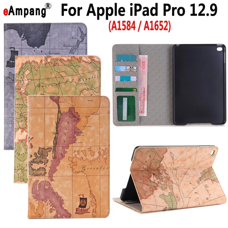 

Map Leather Case for Apple iPad Pro 12.9 inch 2015 A1584 A1652 Smart Case Cover Funda Tablet Slim Flip Stand Card Slot Shell