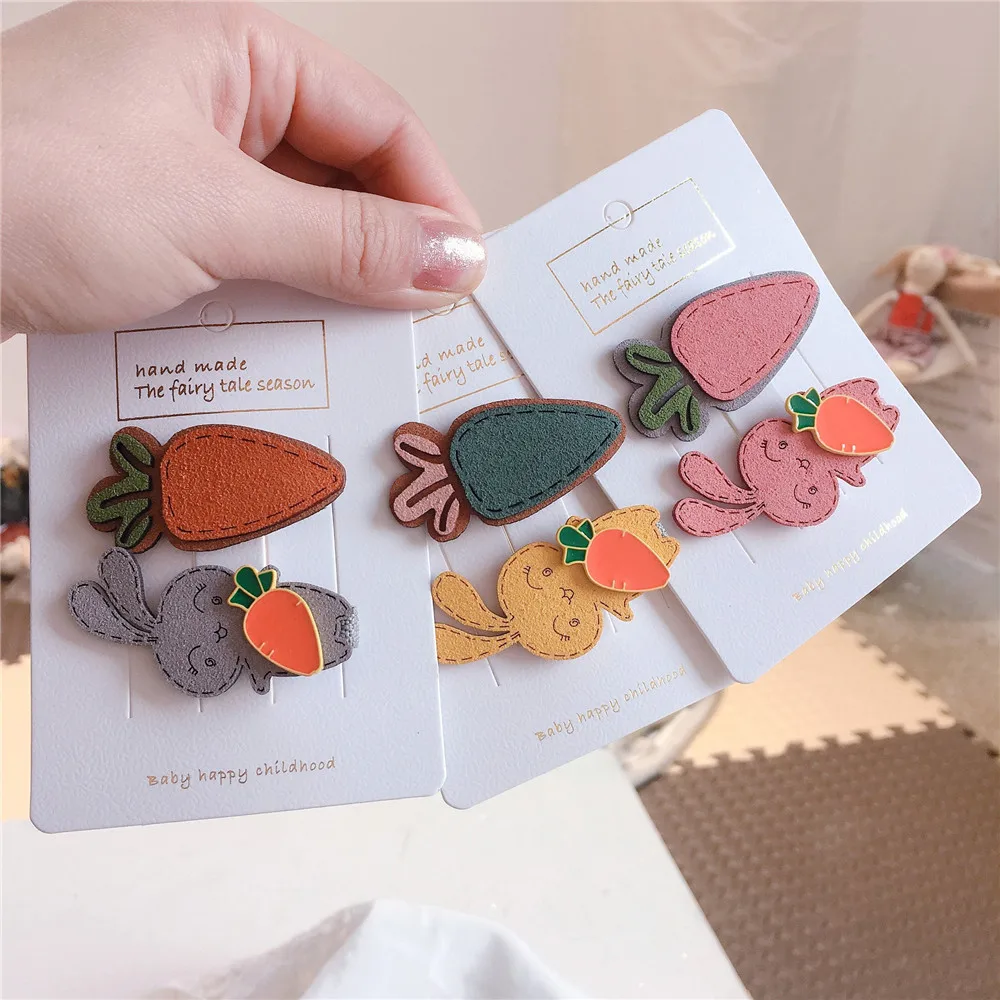 

3sets/lot Girls Korean Synthetic Leather Rabbit Hair Clips Cute Kids Cartoon Rabbit Headwear Carrot Hairpins Hair Accessories
