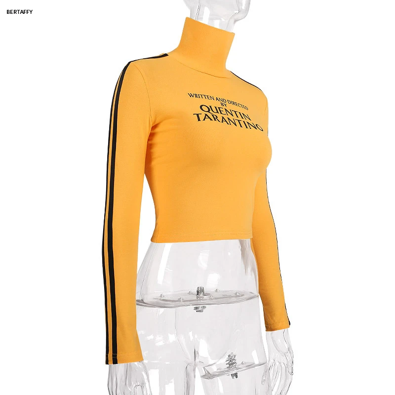 Написанная и направленная Квентин Тарантино короткая футболка женская желтая Сексуальная укороченная футболка Tumblr в полоску с длинным рукавом хлопковая Футболка с принтом