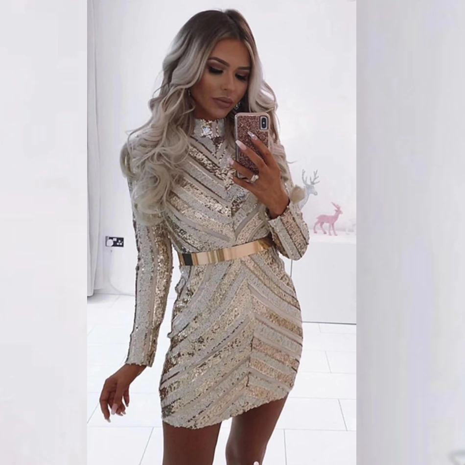 

2018 Newest beige gold O Neck lace Sequined Long Sleeve Women summer Celebrity evening party Bandage Vestidos dresses wholesale