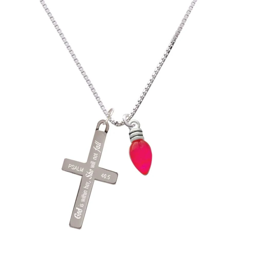 Christmas Lights - Hot Pink Resin - She will not Fall - Cross Necklace