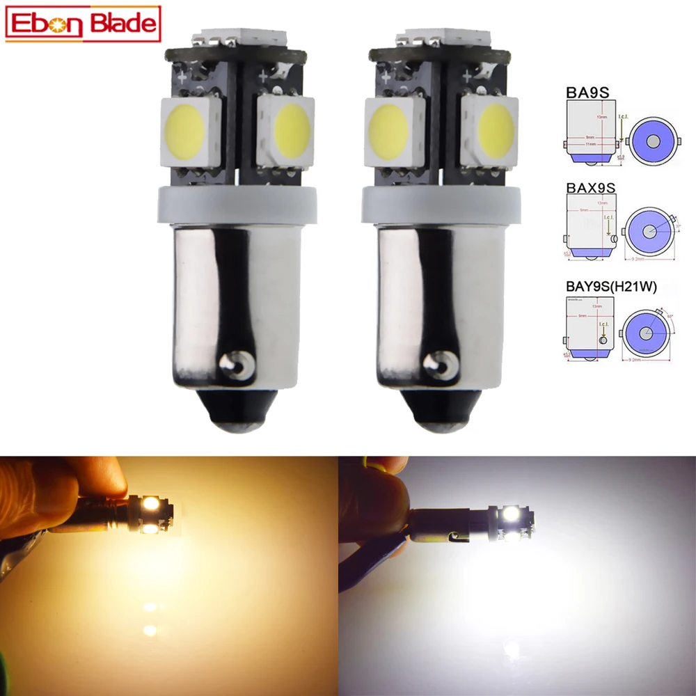 

2 x BA9S BAX9S BAY9S H21W Car LED Bulbs 5SMD Auto Vehicle Dome Reverse Pakring Light Side Wedge Bulb Lamp Warm White 6V 12V 24V