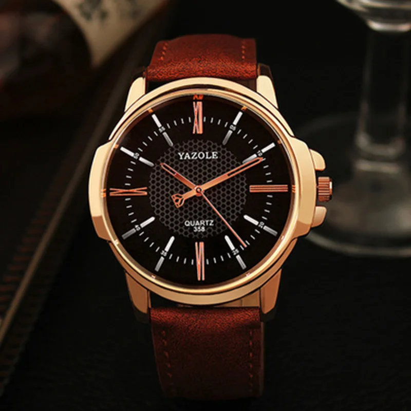 YAZOLE мужские часы Лидирующий бренд синее стекло Мужские часы водонепроницаемые Модные кожаные римские Роскошные наручные часы Relogio Masculino - Цвет: brown black