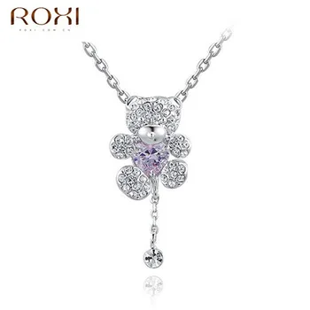 ROXI Charms Cute Bear Long Necklaces Rose Gold Color AAA Zircon Fashion Jewelry Girls Jewelry Cute Carton Bear Shape Pendant