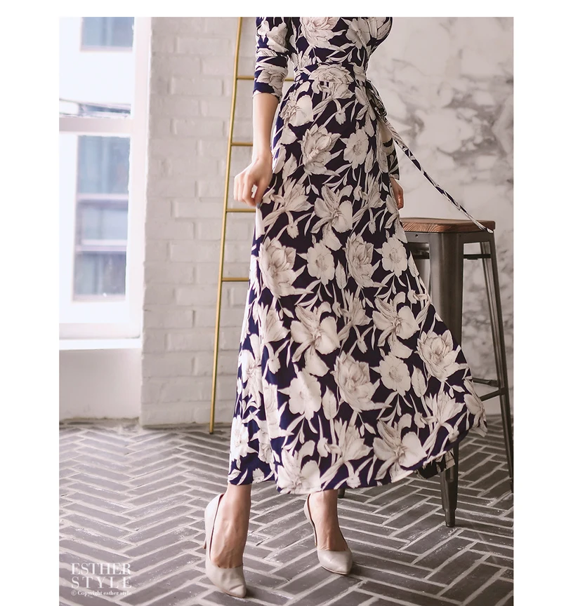 free shipping women summer floral dress v-neck high slit beted sexy dress bohemian style maxi dress ladies slim dress s-xl