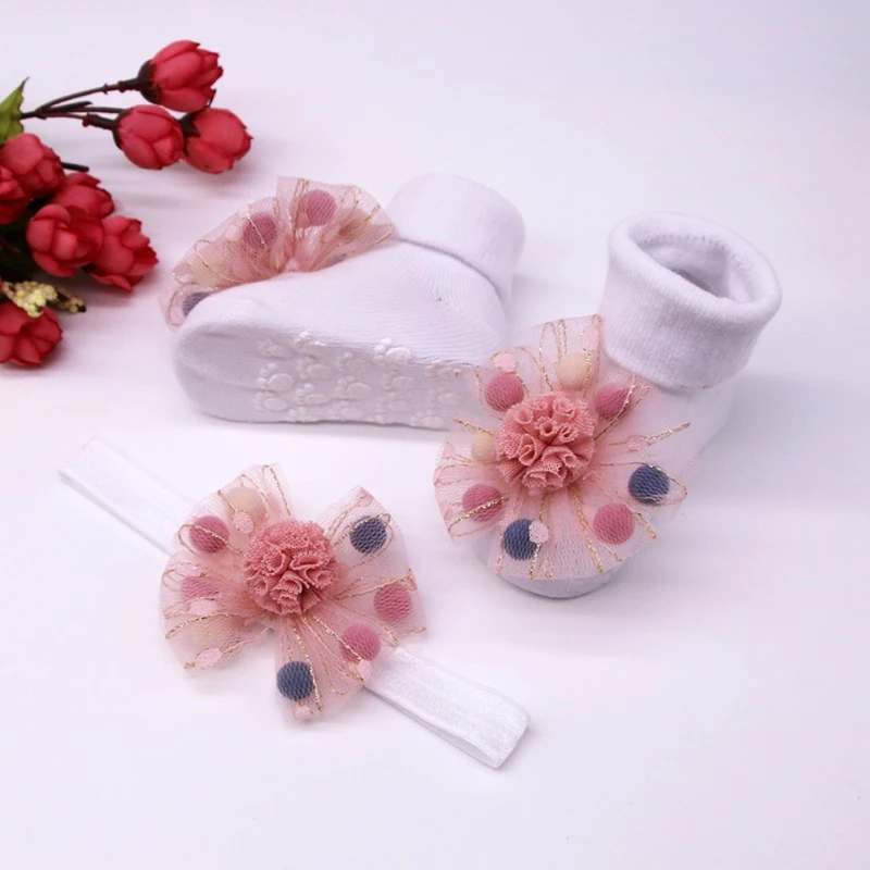 Носки для маленьких девочек сетчатые детские Нескользящие хлопковые носки с цветком+ повязка для волос, 2 комплекта - Цвет: Розовый