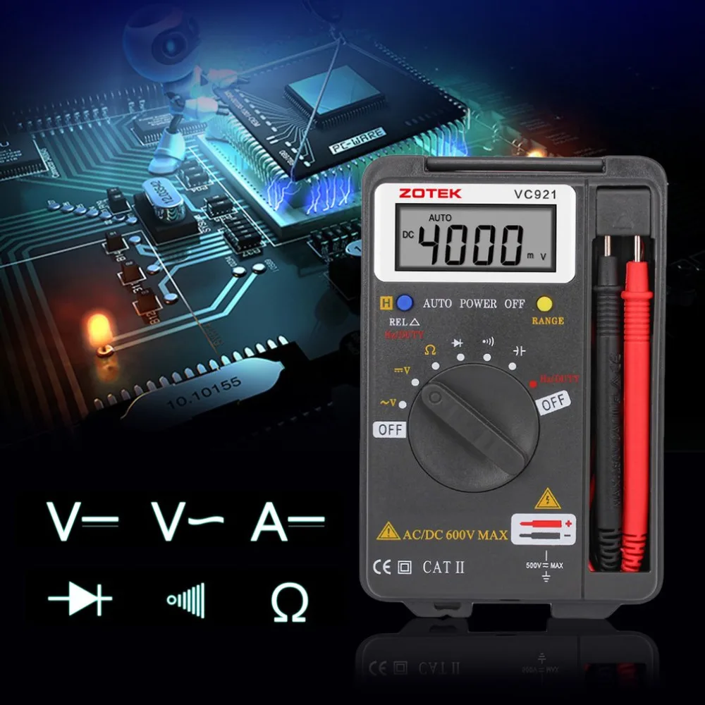

ZOTEK VC921 Pocket Portable Digital Autoranging Multimeter 4000 Counts AC DC Voltmeter Ohm Capacitance Meter Mini Multimeter