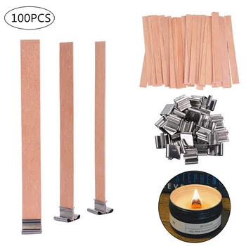 

100 PCS Wood Candle Wicks with Iron Stand Candle Cores Natural Environmental-friendly Candle DIY Making For Home Church Deco