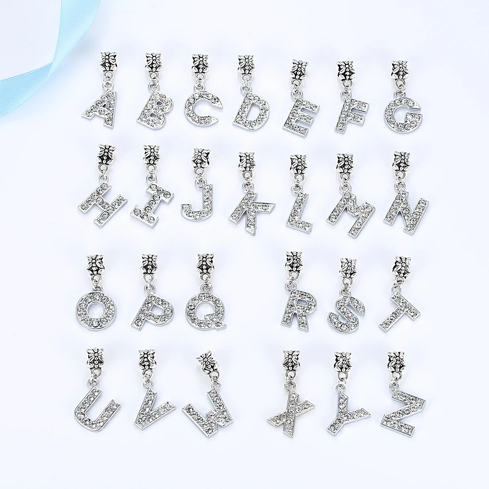 

New Silver Plated Charm A-Z Bead Letter Alphabet Crystal Charms Pendant Beads Fit Pandora Bracelets Bangles DIY Women Jewelry B8