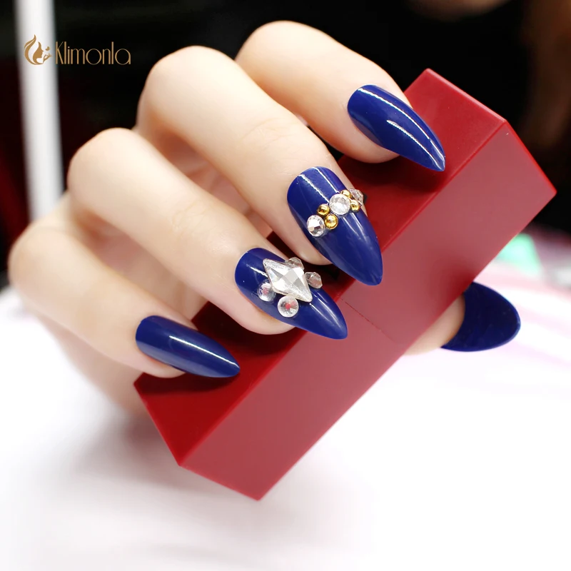 

24pcs/set Full Cover Nail Tips False Nail Art With Glue Fashion Stiletto Press On Nails Pointed Blue Ladies Manicure Tips Tool