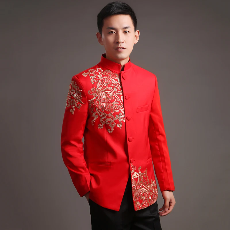 Modern Style Wedding Dresses Chinese Style Wedding Suit Jacket Men Embroidery Patterns Male Tang Suit Mandarin Collar Red Suit Jackets - Modern Style Wedding Dresses