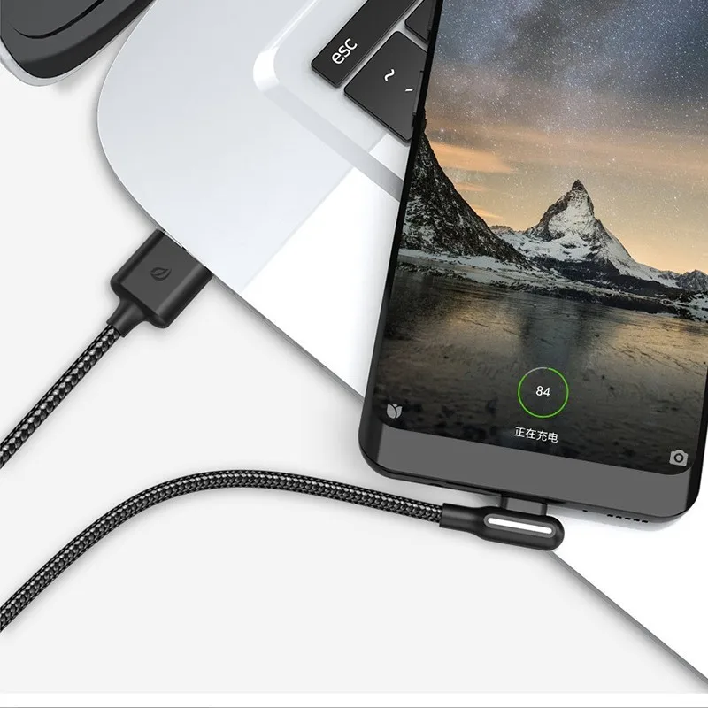 Wsken 90 градусов usb type C кабель для samsung зарядное устройство Красочный Светодиодный светильник нейлоновый Плетеный провод USB C кабель Быстрая зарядка type-C шнур - Цвет: Black