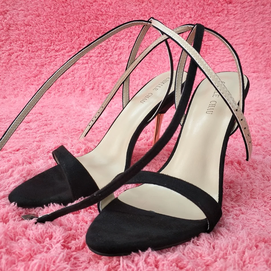 

Women Stiletto Thin Iron High Heel Sandals Sexy Ankle Strap Buckle Open Toe Black Suede Party Bridals Ball Lady Shoes 3845-i5