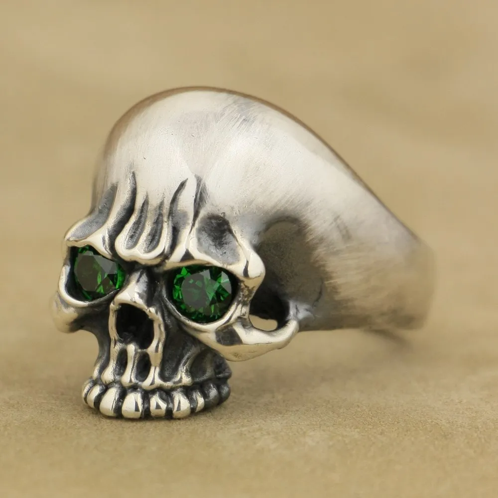 

Handmade 925 Sterling Silver Green CZ Eyes Mens Biker Skull Ring TA62A US 7~15
