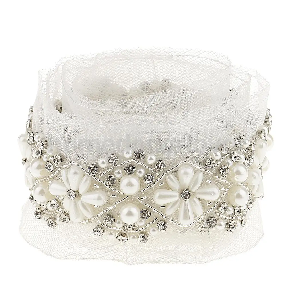 90cm Handmade Beaded Sewing Lace Trims Mesh Ribbon Applique for Wedding
