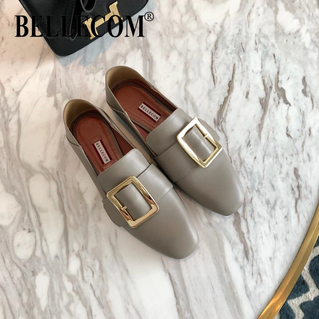 

BELLECOM 2019 Spring and Summer New Metal Square Button with One Pedal on Leather Leisure Flat sole Single Shoes Comfortable Lef
