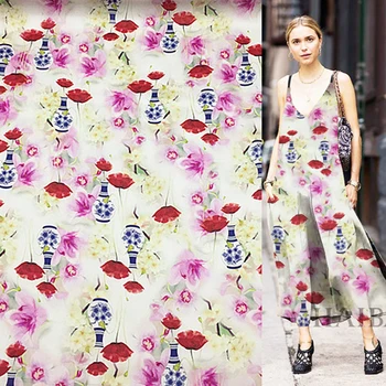 

floral and blue and white porcelain print silk organza satin silk fabric 12momme 54" width by yard,SOZ069