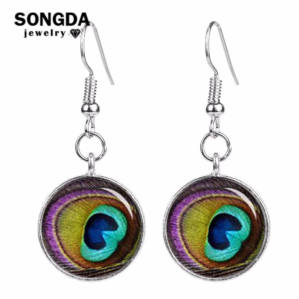 

SONGDA Fashion Design Crystal Glass Unique Peacock Feather Photo Earrings Vintage Sliver Bronze Drop Earrings Handmade Jewelry