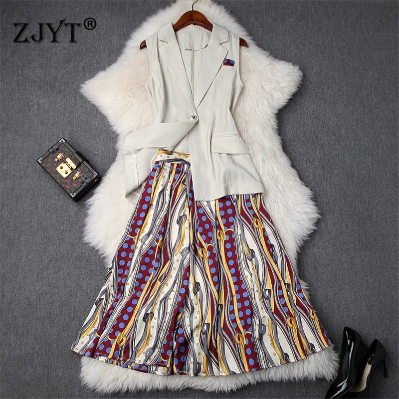 

Fashion Designer Summer Runway 2Piece Skirt Set Women 2019 New Elegant OL Outfits Notched Collar Vest and Print Skirt Suit Sets