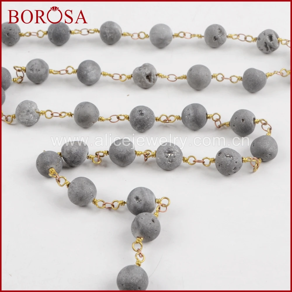 BOROSA 8 мм круглые светло серые Агаты титана Druzy бисерные цепи латунные цепочки для