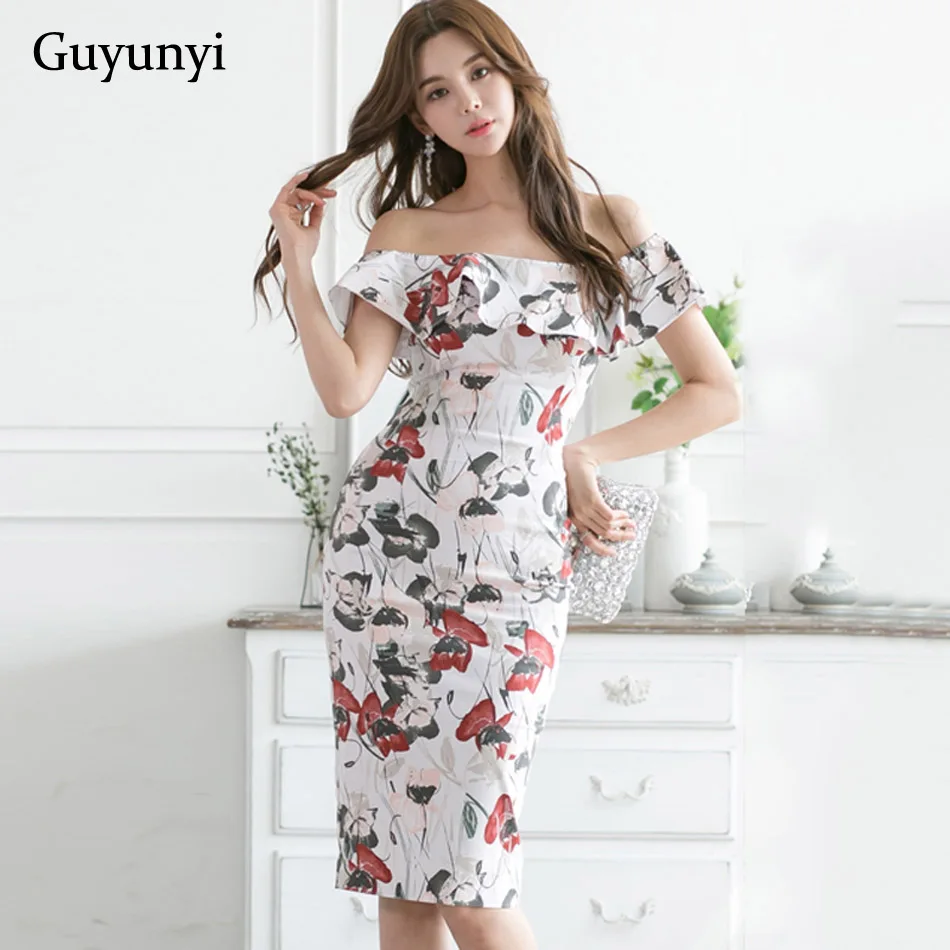 

Floral Sleeveless Office Lady Dress 2019 European Summer Ruffles Off Shoulder Slash Neck Temperament Elegant Sheath Dress Women
