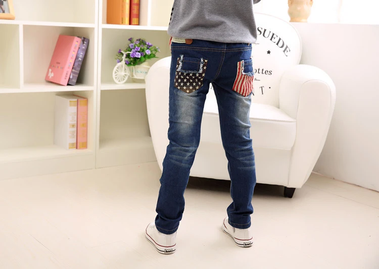 Детские джинсовые штаны узкие джинсы для больших мальчиков г. модные детские Брюки Весенний детский карандаш-леггинсы Дизайнерская одежда с американским флагом