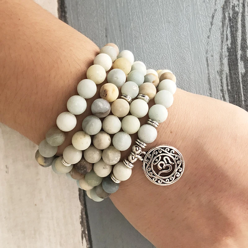

108 Matte Amazonite Beaded Mala Bracelet OM Yoga Charm Healing Stone Jewelry 8mm Prayer Beads Natural Stone Bracelet & Necklace