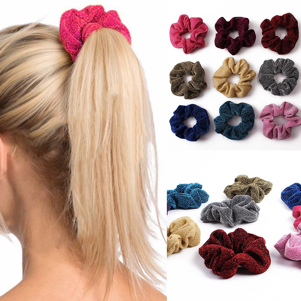 

1Pc Glitter Metallic Scrunchie Summer New Fashion Solid Hair Accessories Elastic Shiny Rubber Pink Scrunchy Soft Skin-Friendly