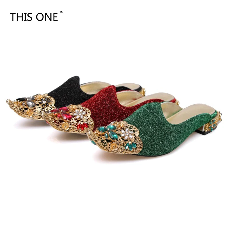 Women Slipper Pointed Toe Crystal Flower 2018 Spring Female Luxury Half Slippers Lady Outside Wear Slides Woman Slippers