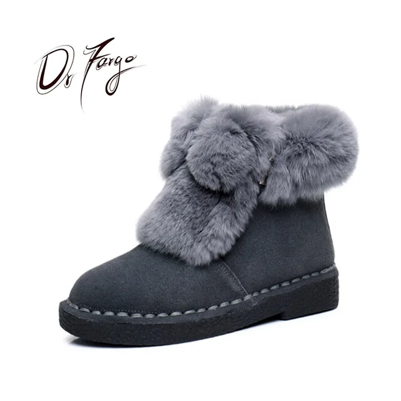Goedkoop DRFARGO Lederen Snowboots Winter 100% Echt Konijnenbont Top Platform Enkellaarsjes Warm Ronde Neus Zwart Grijs Grote maat 35 43