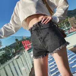 Джинсовые шорты женские 2019 Модные женские с кисточками отверстие летняя с высокой талией короткие джинсы сексуальные мини обтягивающие