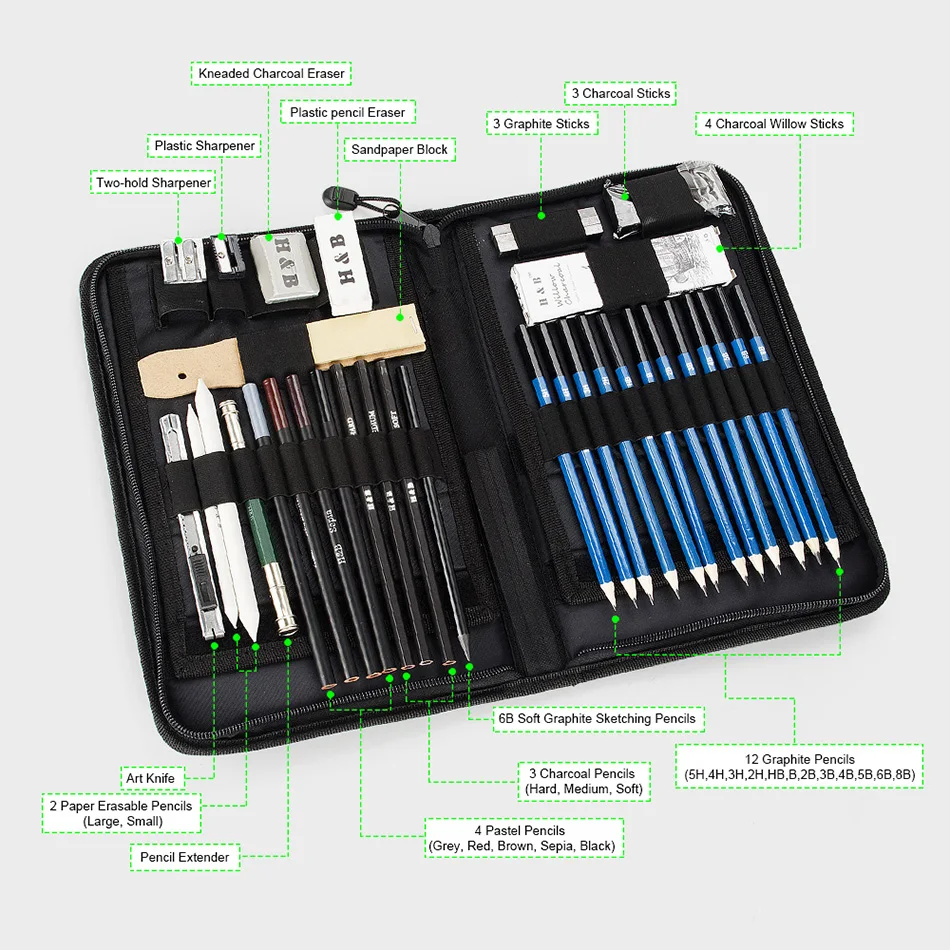 H& B 32/40 штук товары для рукоделия эскиз набор инструментов с графитовыми карандашами, пастельные карандаши, стираемая ручка и чехол для переноски на молнии