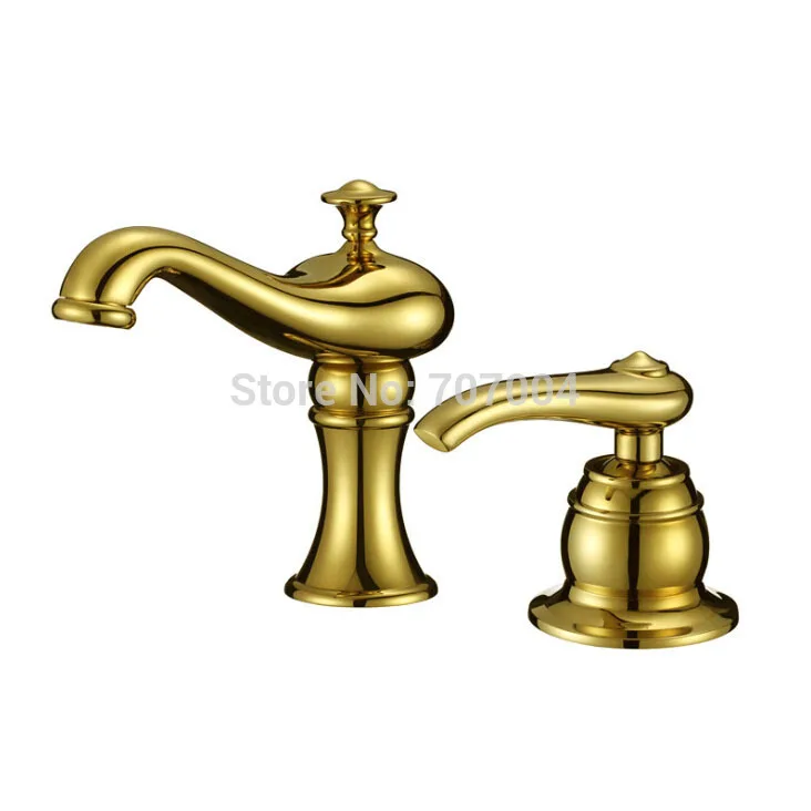 Golden Dual Holes Brass Basin Sink Faucet Single Handle Deck Mount Sink Mixer taps