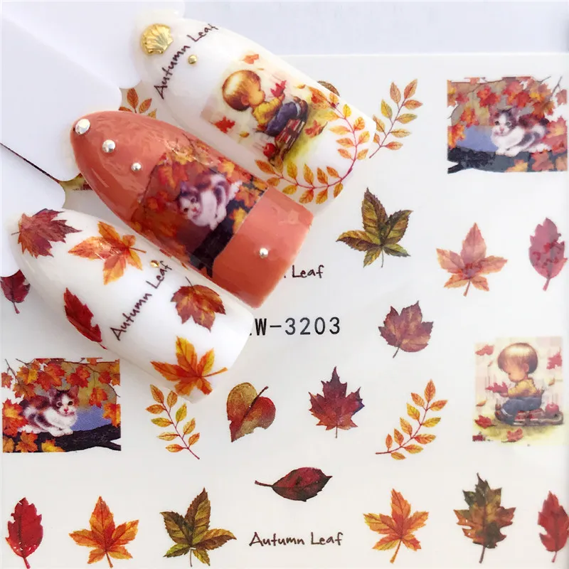 WUF 1 PC Colorful Flower / a bunch of flowers Water Transfer Nail Art Sticker Beauty Red Maple Leaf Decal Nails Art Decorations - Color: YZW-3203