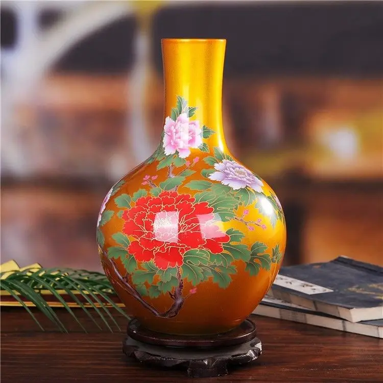 

DS 13" China Jingdezhen Golden Porcelain Celestial bottle tree peony Vase Statue