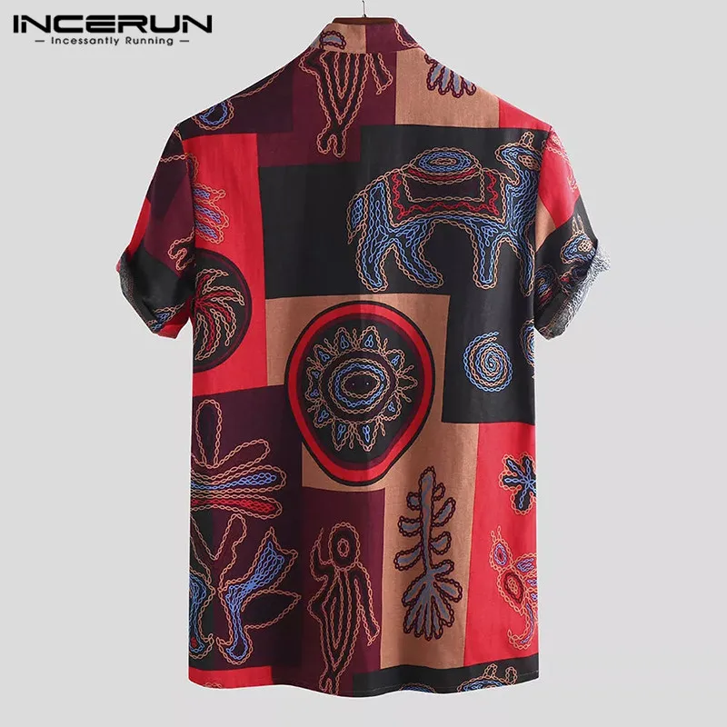 INCERUN الرجال قميص قصيرة الأكمام موقف طوق خمر العرقية نمط الطباعة قمم فضفاض الشارع الشهير القطن قمصان هاواي الرجال 2019