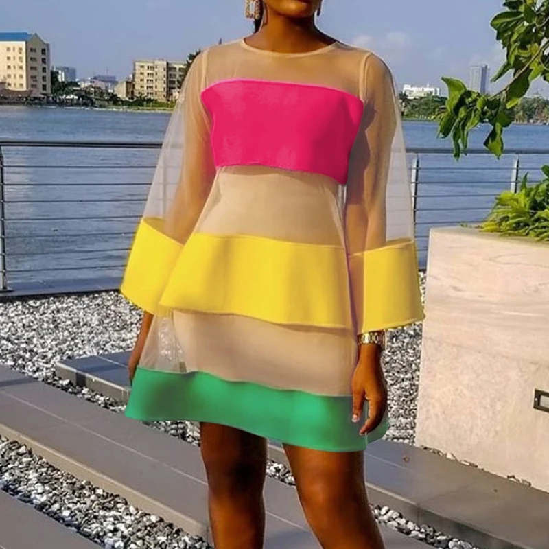 

Colorful Mesh Patchwork Sexy Beach Boho Short Dress O Neck Long Sleeve Women Party Plus Size Club Sweet Loose Cake Mini Dress