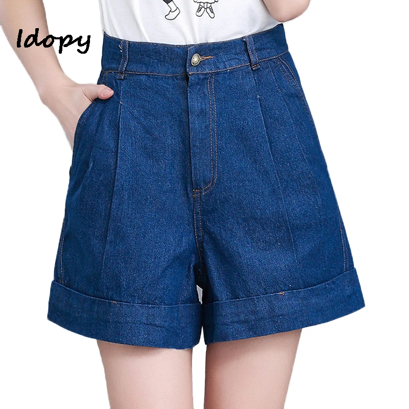 Idopy Classic Womens Vintage Washed Denim Shorts Female Pleated Loose Fit Legging Jean Shorts